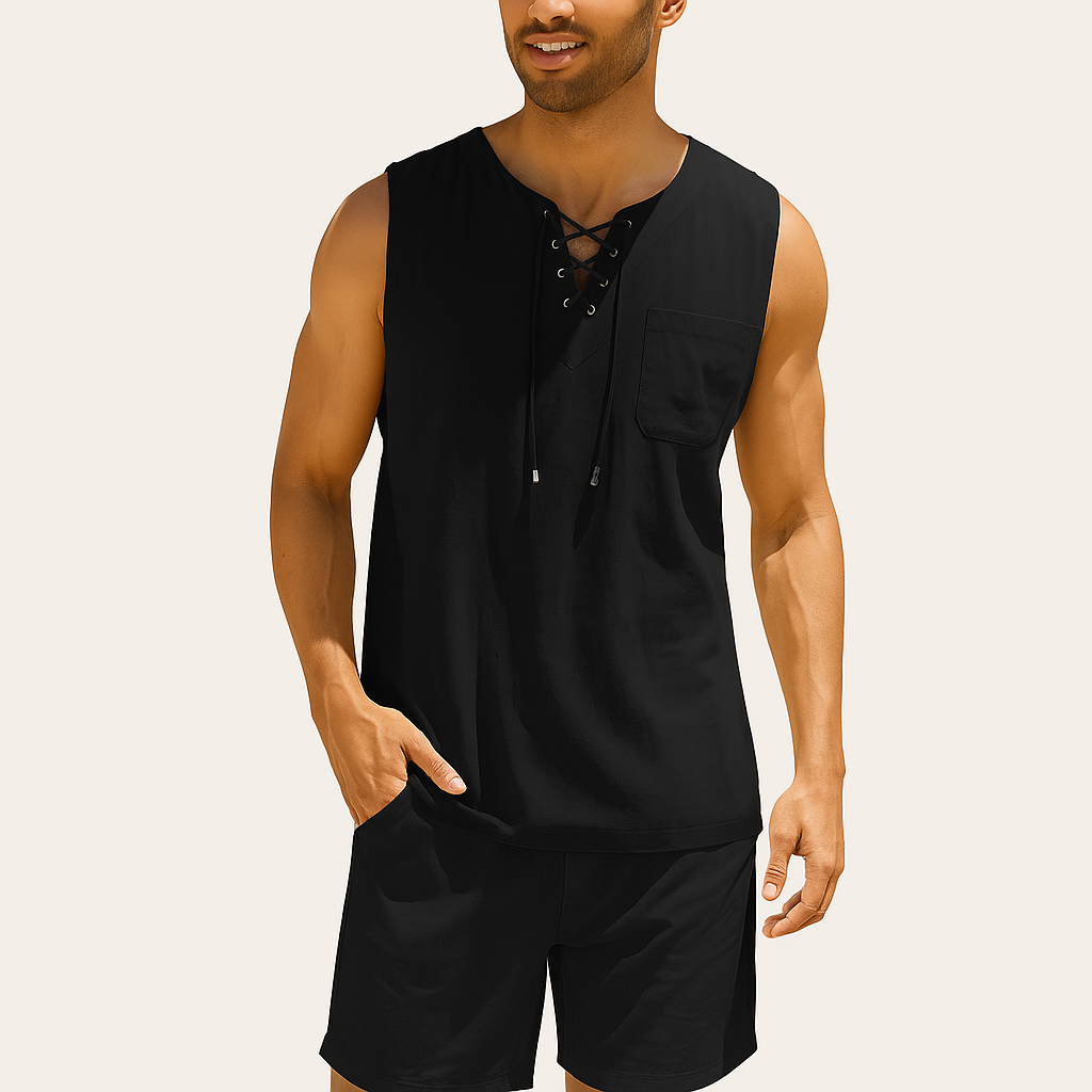 Monarch Linnen & Katoenen Tanktop – Retro Stijl met Vetersluiting