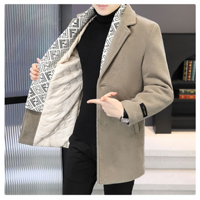 Heren winterjas van tweed met inkeping revers en witte eendendons voering