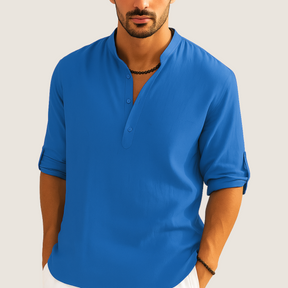 Monarch Katoenen Overhemd – Casual Elegantie met Opstaande Kraag, Lange Mouwen