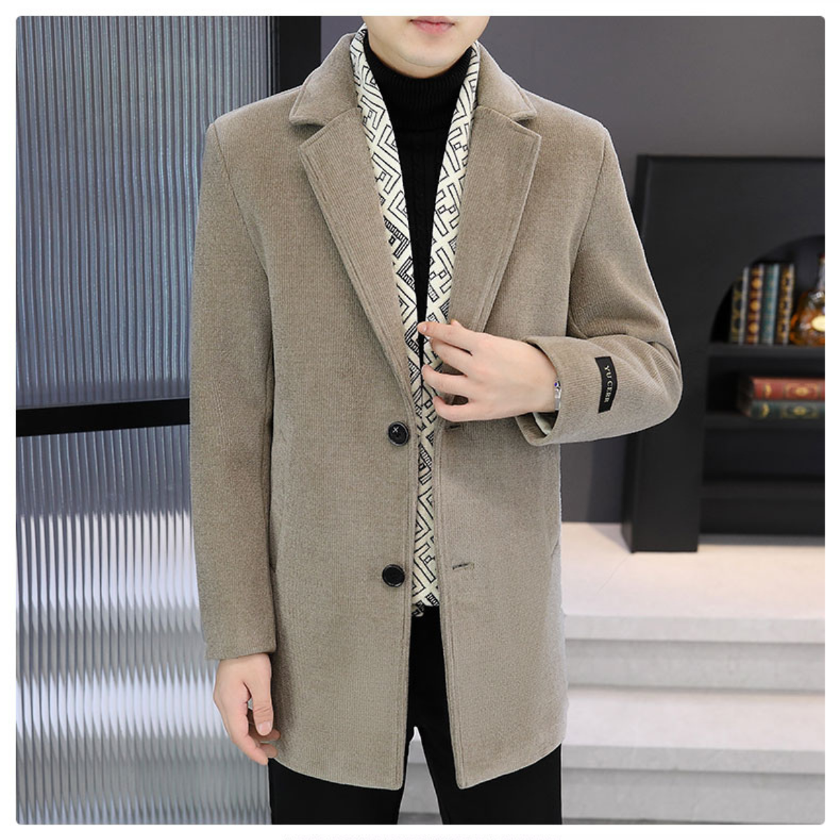 Heren winterjas van tweed met inkeping revers en witte eendendons voering