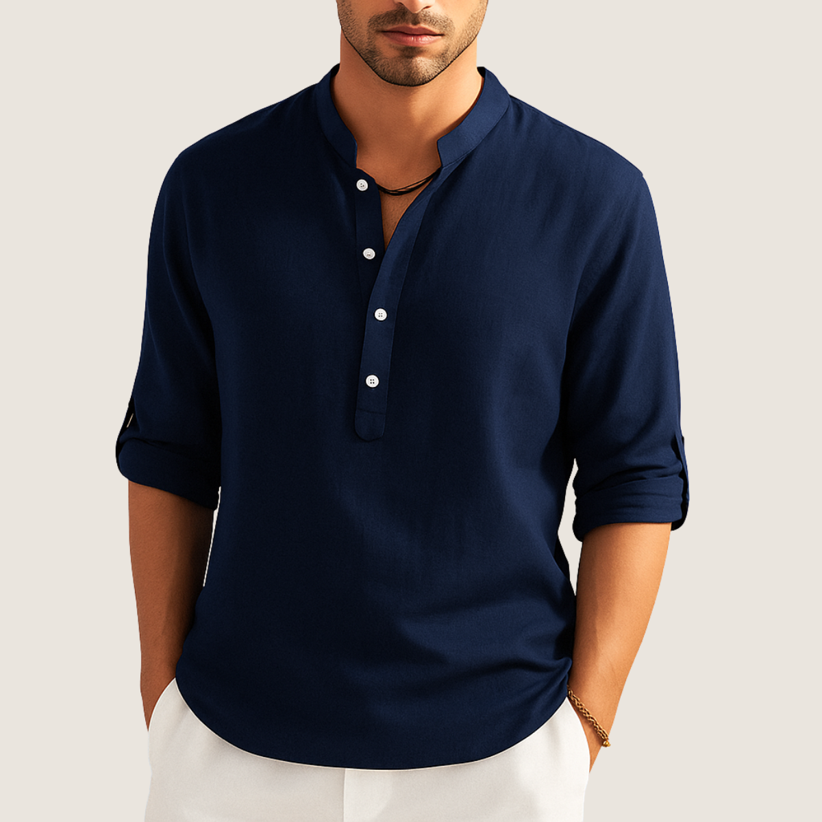 Monarch Katoenen Overhemd – Casual Elegantie met Opstaande Kraag, Lange Mouwen