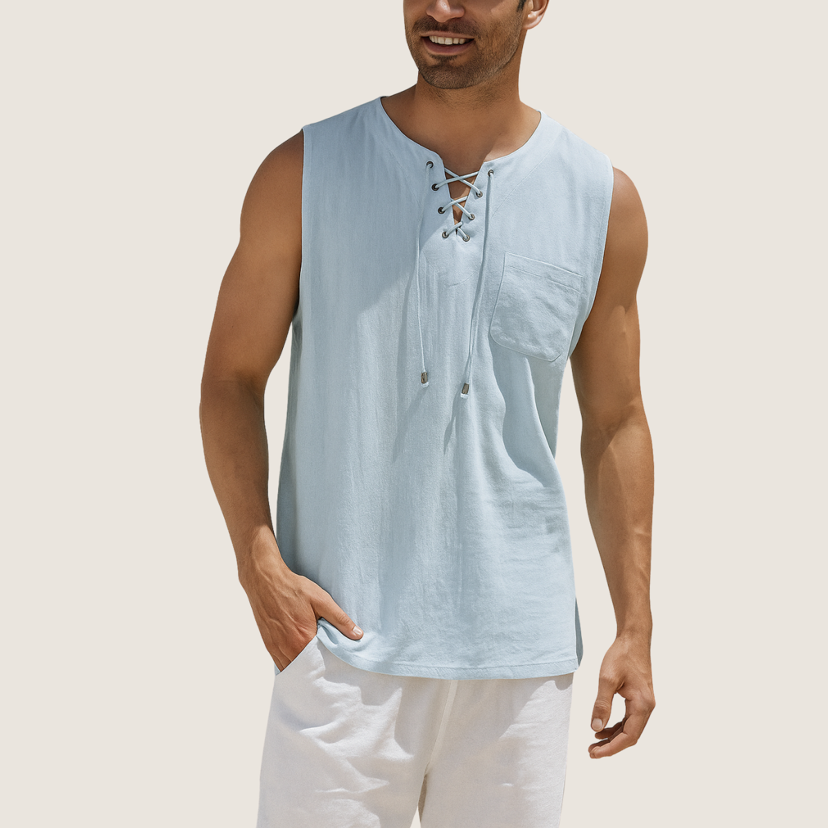 Monarch Linnen & Katoenen Tanktop – Retro Stijl met Vetersluiting