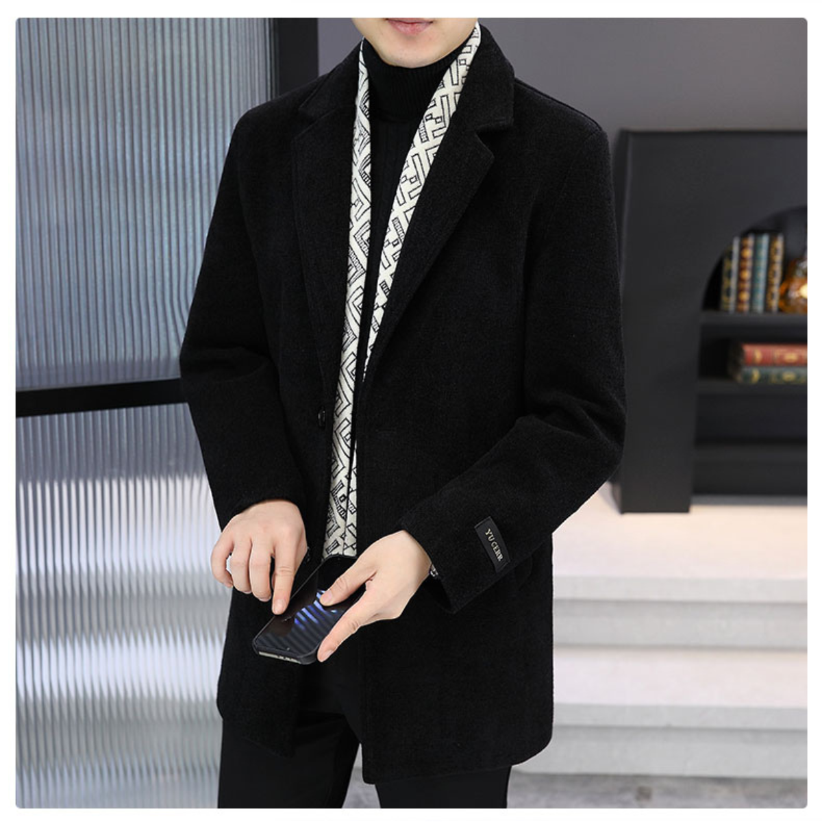 Heren winterjas van tweed met inkeping revers en witte eendendons voering