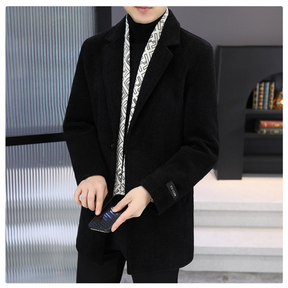 Heren winterjas van tweed met inkeping revers en witte eendendons voering