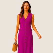 Monarch Eva midi-jurk – Elegante V-hals met knopen en zakken