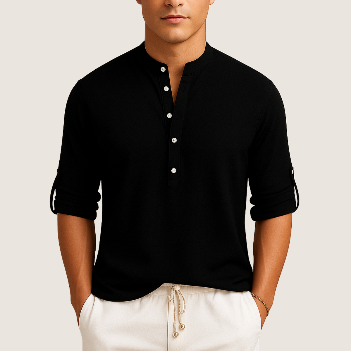 Monarch Katoenen Overhemd – Casual Elegantie met Opstaande Kraag, Lange Mouwen