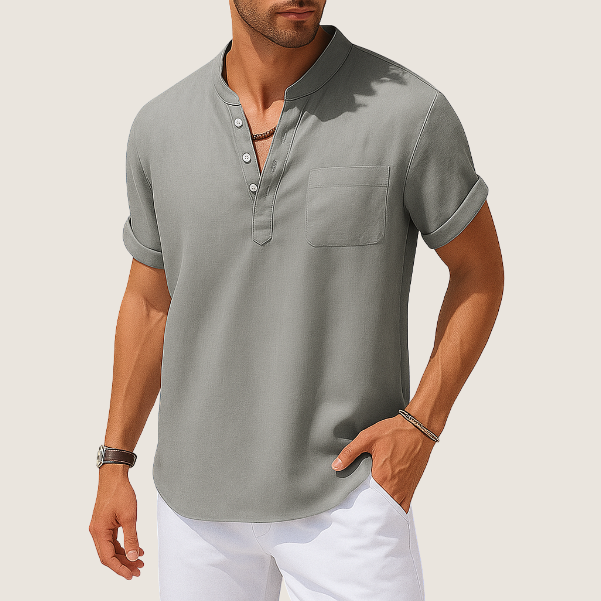 Monarch Zomershirt – Casual Opstaande Kraag van Linnen & Katoen