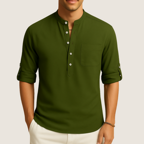 Monarch Katoenen Overhemd – Casual Elegantie met Opstaande Kraag, Lange Mouwen