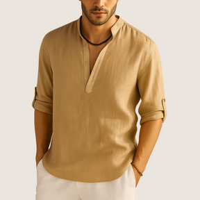 Monarch Katoenen Overhemd – Casual Elegantie met Opstaande Kraag, Lange Mouwen